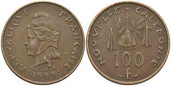 Французская Новая Каледония 100 франков 1999 хижина среди сосен и пальм, (IEOM) KM 15, Schoen 16, Lec 139c никель бронза 88-1242