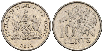 Тринидад и Тобаго 10 центов 2002 цветок гибискуса KM 31, Schoen 30 медно-никель 4124-352