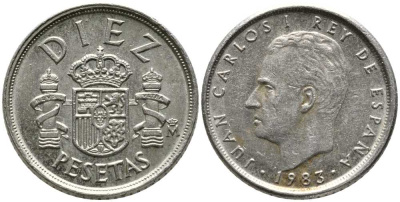 ИСПАНИЯ 10 ПЕСЕТ 1983 ХУАН КАРЛОС I KM 827 медно-никель 105-1122