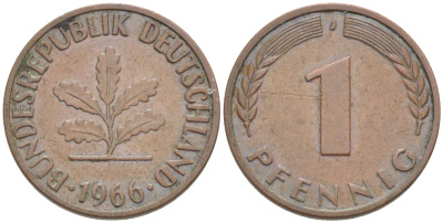 ФРГ 1 ПФЕННИГ 1966 J KM 105, J. 380 сталь плакированная медью 4181-538
