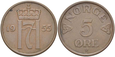 НОРВЕГИЯ 5 ЭРЕ 1955 ХАКОН VII (1905-1957) KM 400 бронза 215-131