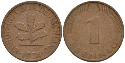 ФРГ 1 пфенниг 1974 G KM 105, J. 380 сталь плакированная медью    4598-544