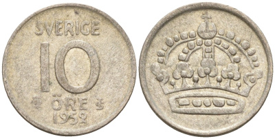 Швеция 10 эре 1952 Густав VI Адольф (1950-1973) KM 823 серебро 4147-861