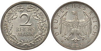 ГЕРМАНИЯ 2 РЕЙХСМАРКИ 1925 E J. 320, KM 45 серебро aUNC 02-227-54