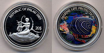 Палау 20 долларов 2005 русалка с лировй, рыба император, цветная эмаль, 155 г., 5 унций серебро PROOF 01-169-13-1