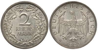 ГЕРМАНИЯ 2 РЕЙХСМАРКИ 1925 E J. 320, KM 45 серебро aUNC 02-227-54