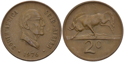 ЮАР 2 ЦЕНТА 1976 ПРЕЗИДЕНТ ЯКОБУС ЙОХАННЕС ФУШЕ, АНТИЛОПА ГНУ KM 92 бронза 67-322