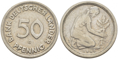 ФРГ 50 пфеннигов 1949 G KM 104, J. 379 медно-никель 112-944