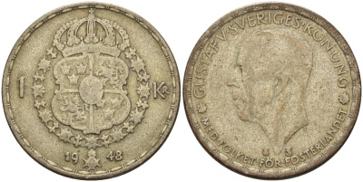 Швеция 1 крона 1948 TS, Густав V (1907-1950) KM 814 серебро 4148-1047