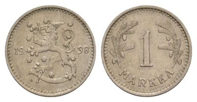 Финляндия 1 марка 1938 KM 30 медно-никель 4647-417