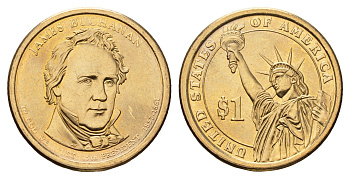 США 1 доллар 2010 D, Президент США - Джеймс Бьюкенен (1857-1861) KM 477 медь с марганцево-латунным покрытием UNC 4624-554