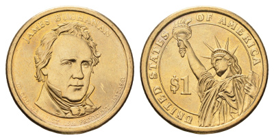 США 1 доллар 2010 D, Президент США - Джеймс Бьюкенен (1857-1861) KM 477 медь с марганцево-латунным покрытием UNC 4624-554
