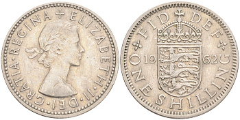 Великобритания 1 шиллинг 1962 Елизавета II (1952-2022), Английский герб KM 904, Spink 4147 медно-никель 4556-641