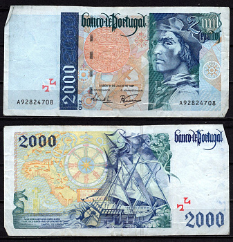 Португалия 2000 эскудо 1997 Бартоломеу Диаш, парусный корабль, карта Pick 189 c(4) бумага 6299-7-3-1