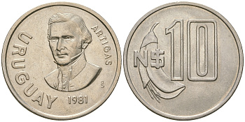 Уругвай 10 песо 1981 Хосе Хервасио Артигас KM  79, Schoen 55 медно-никель  UNC  4448-423