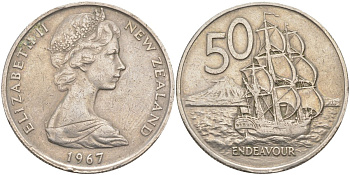Новая Зеландия 50 центов 1967 Елизавета II (1952-2022), парусник Индевор KM 37.1 медно-никель 3855-1044