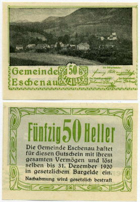 Австрия, Эшенау 50 геллеров 1920 31 декабря 1920, нотгельд, коммуна в земле Нижняя Австрия   бумага  UNC (пресс) 8614-28-4-1