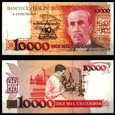 Бразилия 10000 крузадо 1990 Карлус Шагас, Карлус Шагас в лаборатории Pick 218 b бумага UNC (пресс) 2119-46-1-1