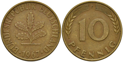 ФРГ 10 пфеннигов 1967 F J. 383, KM 108 сталь плакированная латунью    4603-332