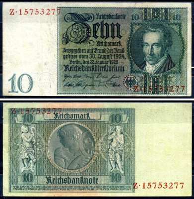 Германия 10 рейхсмарок 1929 Альбрехт Д. Тэер, буква F, серия Z Pick 180a, Ros. 173е  бумага 7552-73-2-2