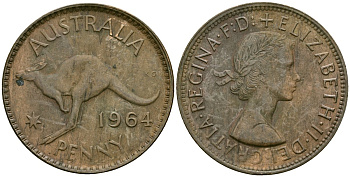 Австралия 1 пенни 1964 королева Елизавета II (1952-), Кенгуру KM 56 бронза 4120-735