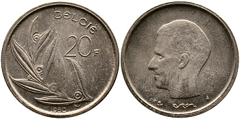 БЕЛЬГИЯ 20 ФРАНКОВ 1980 BELGIE, БОДУЭН I (1951-1993) KM 160 никель бронза 4388-1225