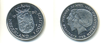 Нидерланды 1 гульден 1980 на коронацию Беатрикс, 30 апреля 1980 KM 200 никель 83-817