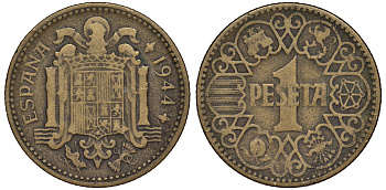 Испания 1 песета 1944 Франсиско Франко (1939-1975) KM 767 алюминиевая бронза 4176-126