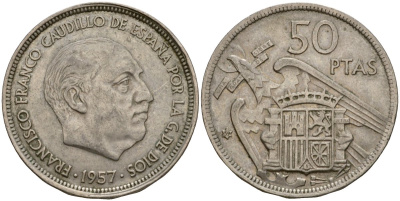 Испания 50 песет 1957 (59) Франсиско Франко (1939-1975) KM 788 медно-никель 4599-113