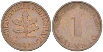 ФРГ 1 ПФЕННИГ 1976 F KM 105, J. 380 сталь плакированная медью 4181-623