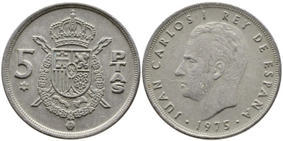 Испания 5 песет 1975 (80) Хуан Карлос I (1975-2014) KM 807 медно-никель 4384-135