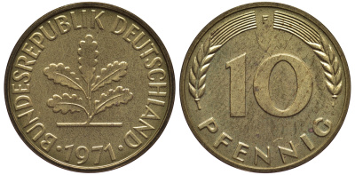 ФРГ 10 пфеннигов 1971 F KM 108, J. 383 сталь плакированная латунью PROOF 1099-4-41