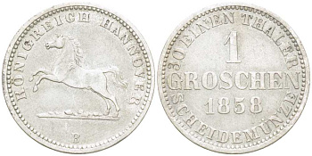 Брауншвейг-Каленберг-Ганновер 1 грош 1858 В, Георг V (1851-1866) KM 236, Jaeger 93, AKS 149 серебро 206-328