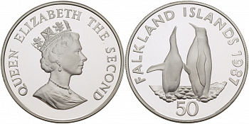 Фолклендские острова 50 пенсов 1987 серия 25 лет окружающей среды, королевские пингвины KM 25a серебро PROOF 01-146-41