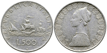 Италия 500 лир 1964 R, корабли Колумба KM 98 серебро 4178-934