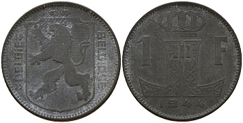 Бельгия 1 франк 1944 Belgie - Belgique, Леопольд III (1934-1947), германская оккупация, Вторая мировая война KM 128 цинк 4161-542