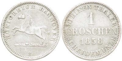 Брауншвейг-Каленберг-Ганновер 1 грош 1858 В, Георг V (1851-1866) KM 236, Jaeger 93, AKS 149 серебро 206-328