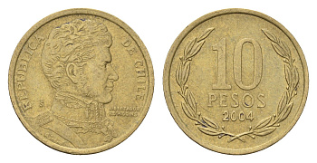 Чили 10 песо 2004 KM 228 никель латунь 4702-464