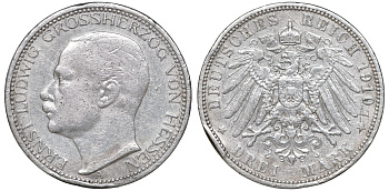 Гессен 3 марки 1910 H, Эрнст Людвиг (1892-1918) J. 76, KM 375 серебро 413-5714