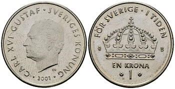 Швеция 1 крона 2001 Карл XVI Густав (1973- ) KM 894 медно-никель 4138-832