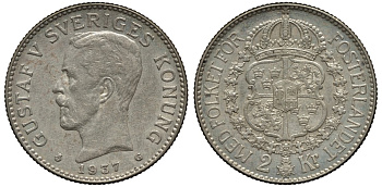 Швеция 2 кроны 1937 G, Густав V (1907-1950) KM 787 серебро 00-00