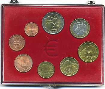 Греция евронабор из 8 монет 2002-2004 2 евро 2004 дискобол, в пластиковой коробке  биметалл  UNC  7-5-6-26