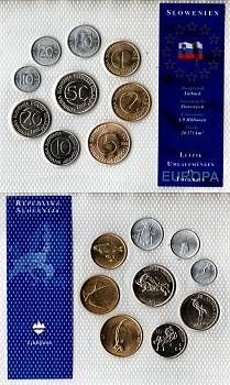 Словения набор из 9 монет (10, 20 и 50 стотинов; 1, 2 , 5, 10, 20 и 50 толаров) 1992, 1993, 2000, 2001, 2002, 2003 в красочной упаковке с информацией о стране KM 3, 4, 5, 6, 7, 8, 41, 51 и 52 UNC 2-6-3-103