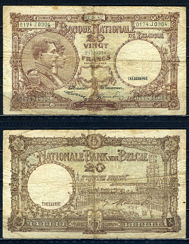 Бельгия 20 франков 1947 02.04.1947, Король Альберт I и его жена Королева Елизавета, Гран-Плас / Гроте Маркт, Брюссель Pick 111 (3) бумага 6301-19-2-2