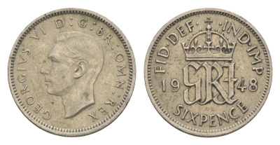 Великобритания 6 пенсов 1948 Георг VI (1936-1952) KM 862, Spink 4105 медно-никель 4160-1054