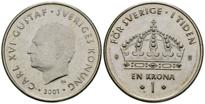 Швеция 1 крона 2001 Карл XVI Густав (1973- ) KM 894 медно-никель 4138-832