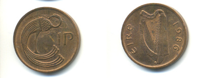 ИРЛАНДИЯ 1 ПЕННИ 1986 ПТИЧКА KM 20 бронза 86-1425