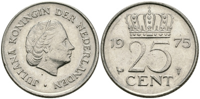 Нидерланды 25 центов 1975 Юлиана (1949-1980) KM 183 никель 96-239