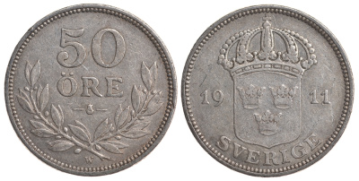 Швеция 50 эре 1911 W, Густав V (1907-1950) KM 788 серебро 4179-926