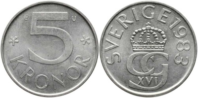 Швеция 5 крон 1983 U, Карл XVI Густав (1973- ) КМ 853 медно-никель 180-626